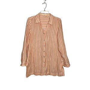 Soft Surroundings Orange Peach Stripe Escambia Gauze Button Up‎ Side Slit Medium